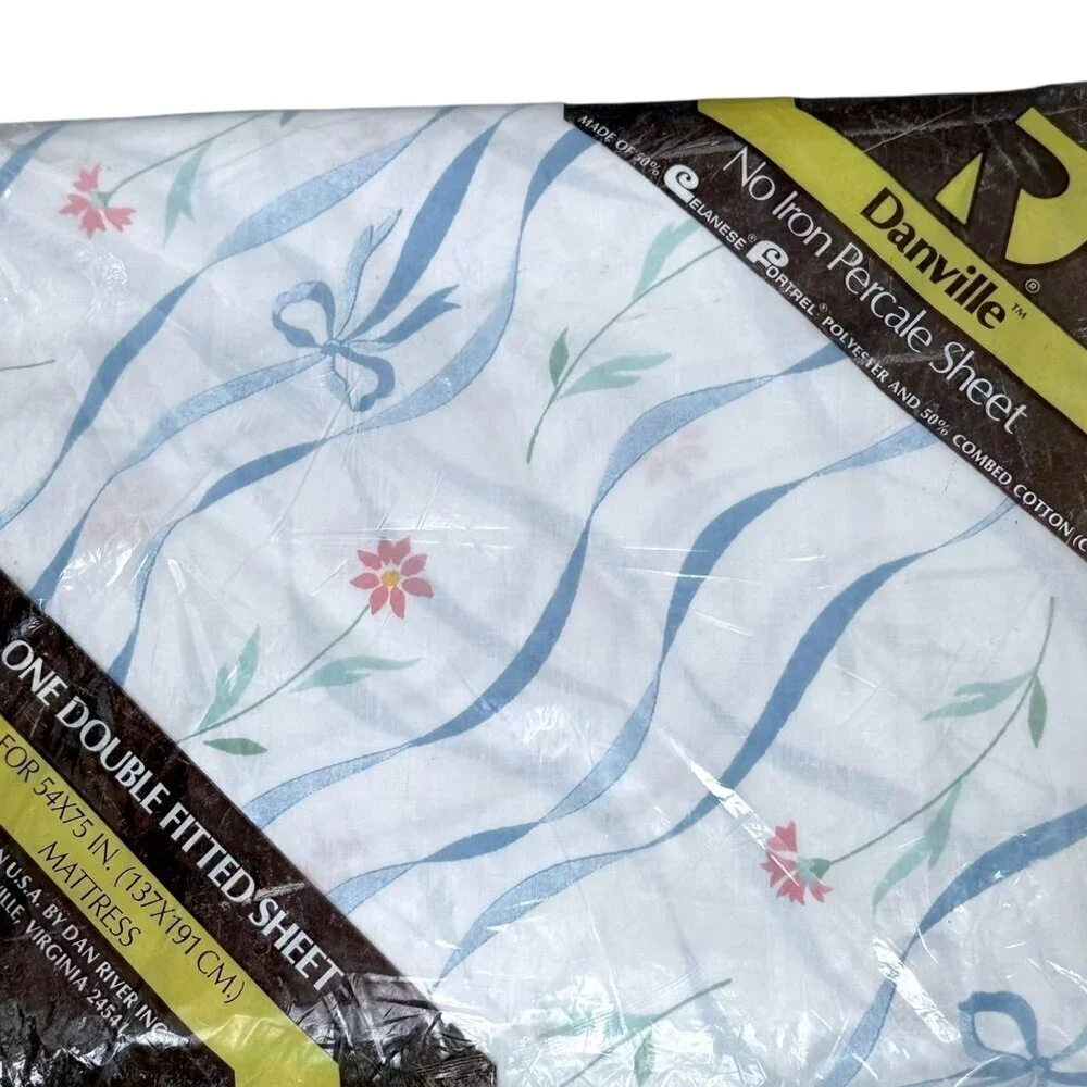 Vintage Fitted Sheet Full Size Blue Bow Floral by Danville No Iron Percale